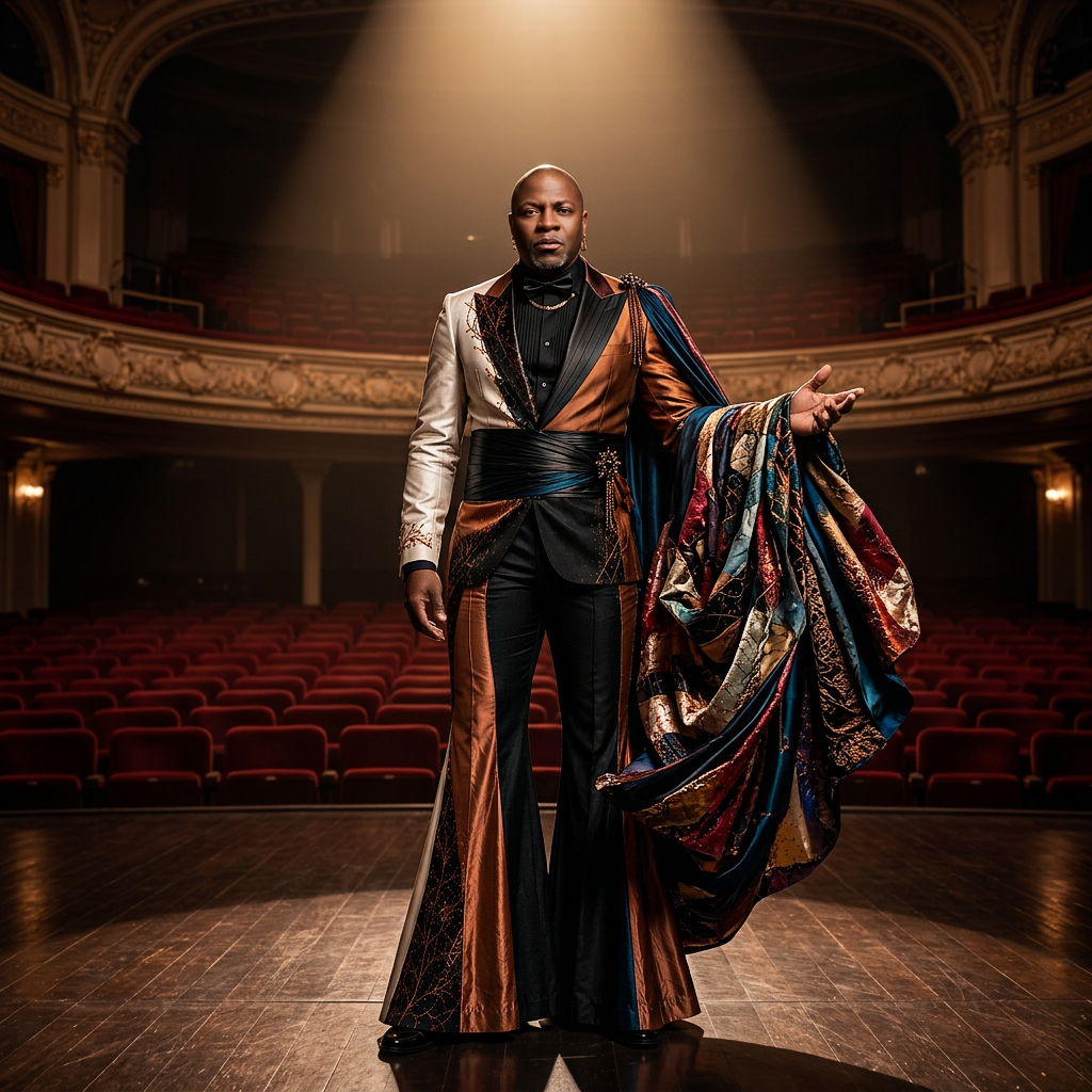Davell Crawford standing under a spotlight on a theatre stage in a copper and ivory tuxedo with a patterned cape