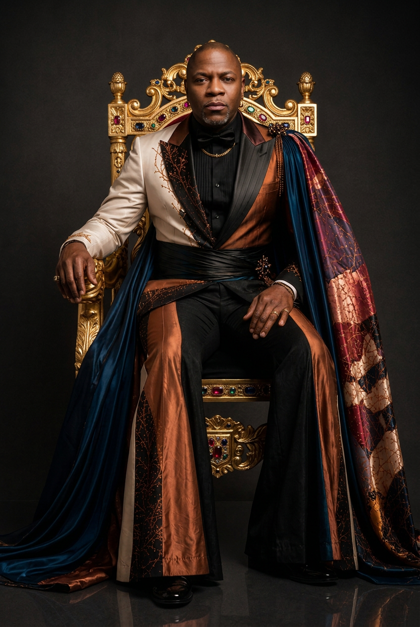Davell Crawford seated on a gilded jeweled throne in a copper and navy royal cape