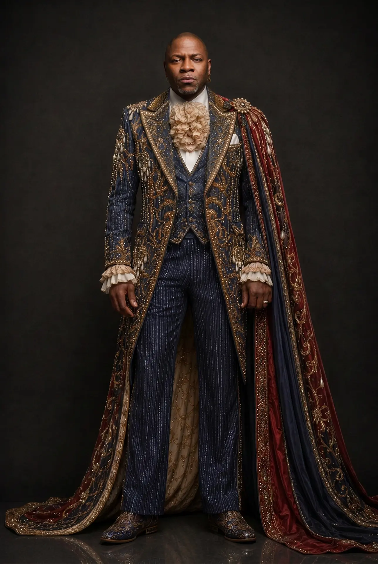 Davell Crawford standing in an embroidered navy and gold royal coat with a long crimson cape